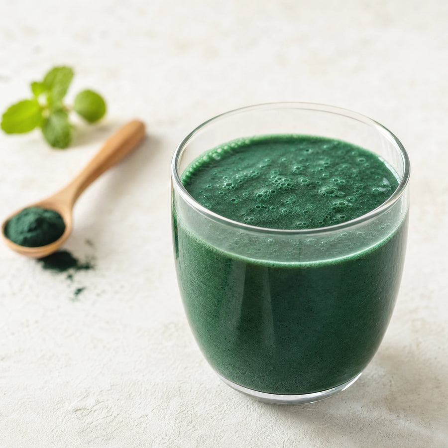 Spirulina Getränk mit Spirulina Pulver und frischer Minze