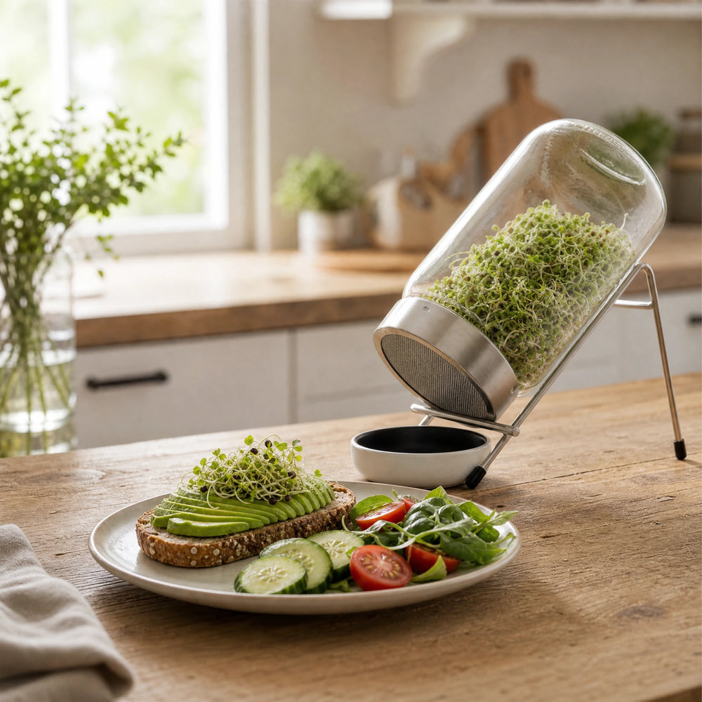 Gesunde Ernährung – Keimglas 1700 ml mit frischen Sprossen, Vollkornbrot und Gemüse in heller Küche