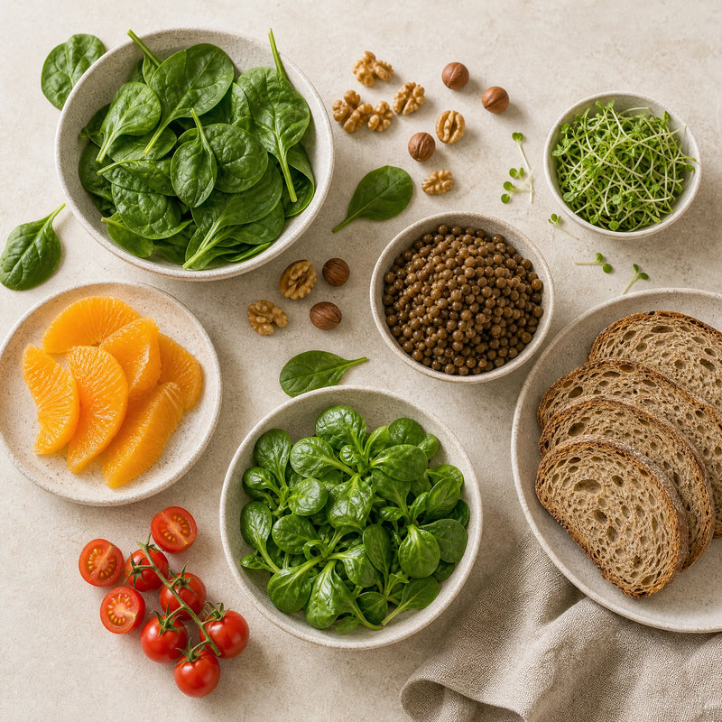 Folsäure Lebensmittel – text 2; Food-First-Motiv mit frischen Lebensmitteln und Sprossen