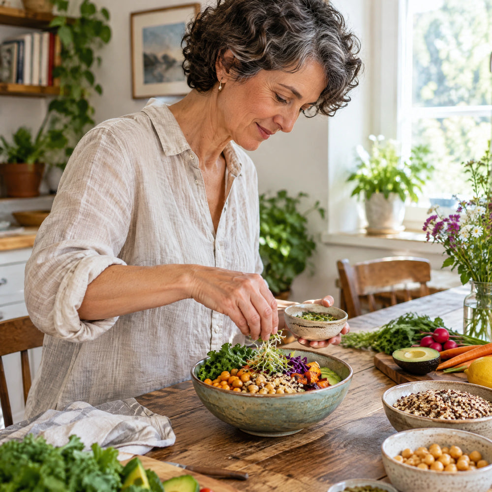 Frau ab 55 richtet eine pflanzenbetonte Bowl mit frischen Sprossen an