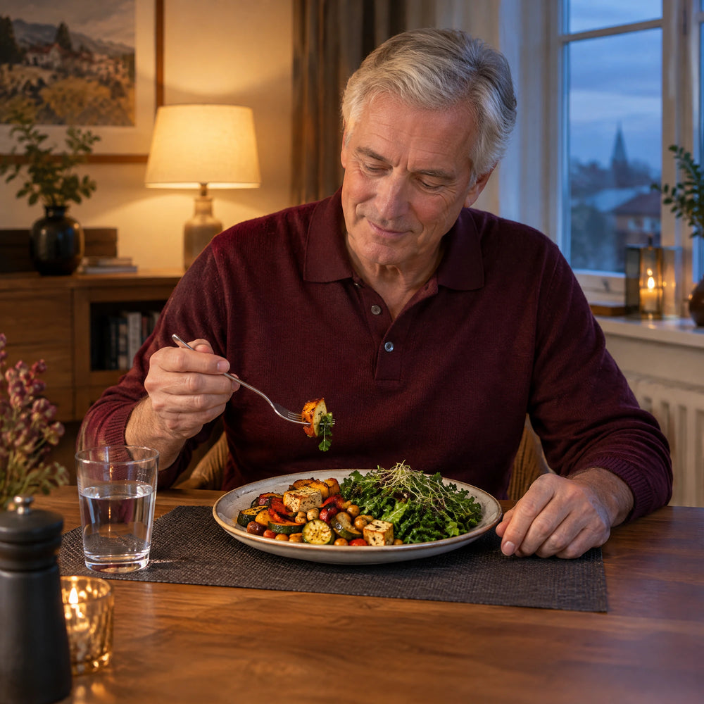 Mann ab 65 genießt ein kohlenhydratarmes Abendessen mit Gemüse und Salat