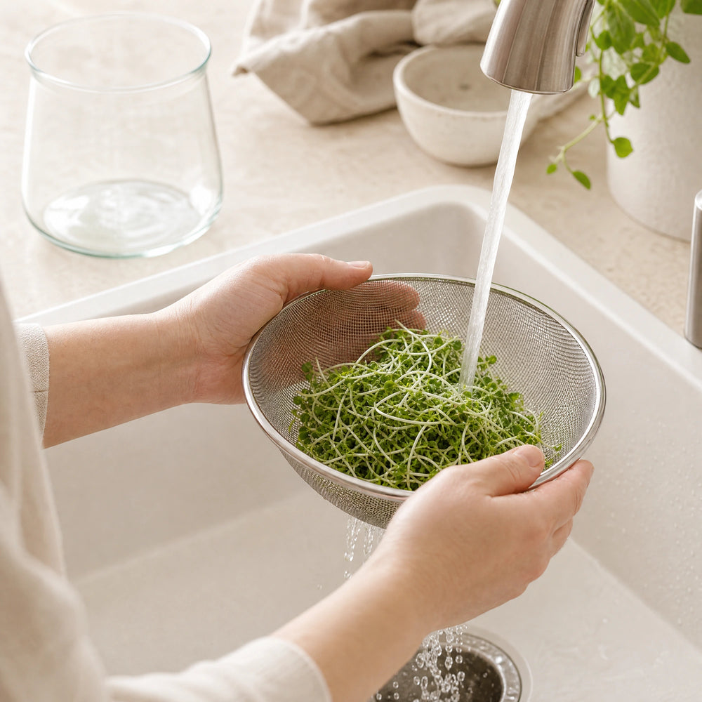 Frische Brokkoli-Sprossen werden hygienisch in einem Sieb gespült