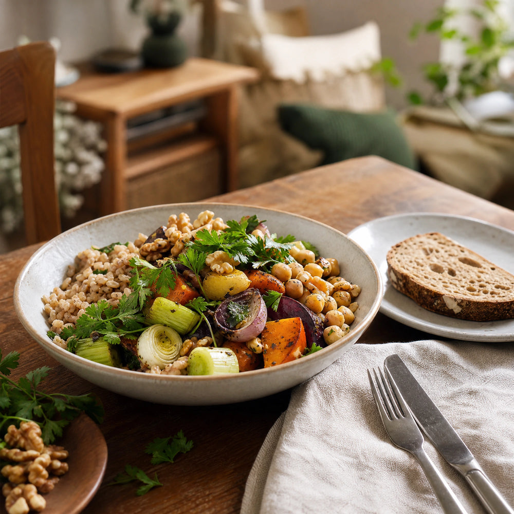 Servierte Bowl mit Vollkorn, Hülsenfrüchten, saisonalem Gemüse und Kräutern auf einem gedeckten Esstisch.