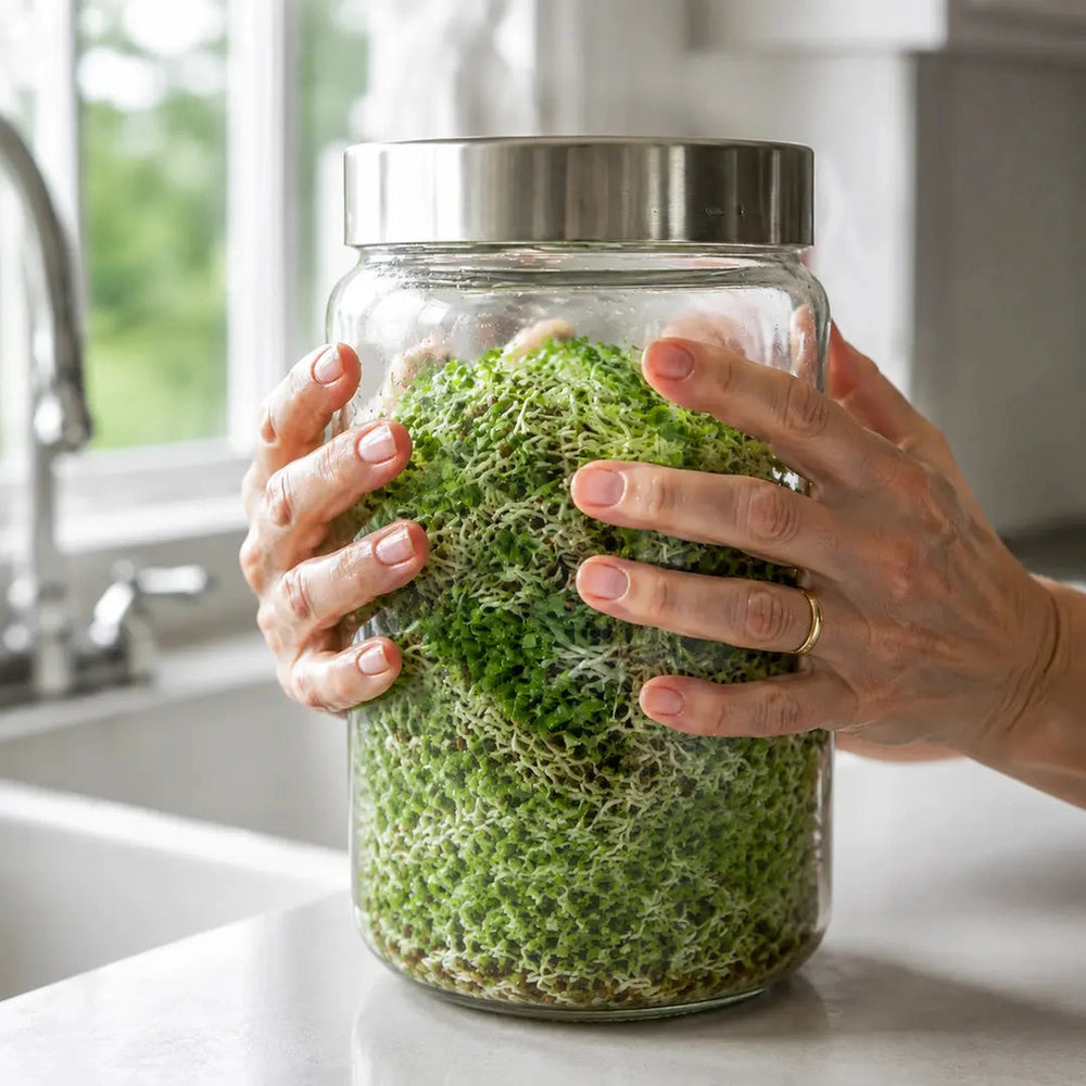 Nahaufnahme eines Keimglases mit erntereifen Sprossen