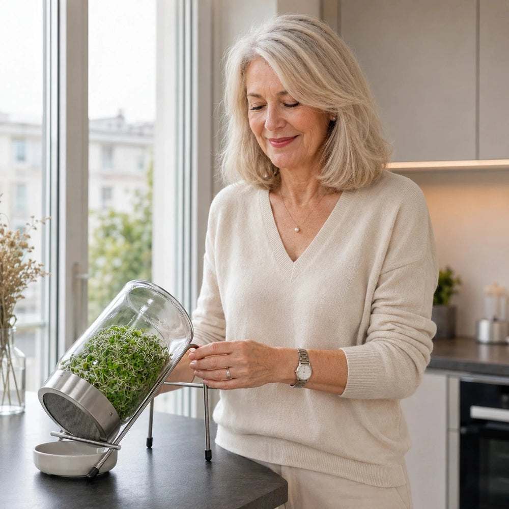 Frau ab 50 mit Keimglas und frischen Sprossen in einer hellen Küche