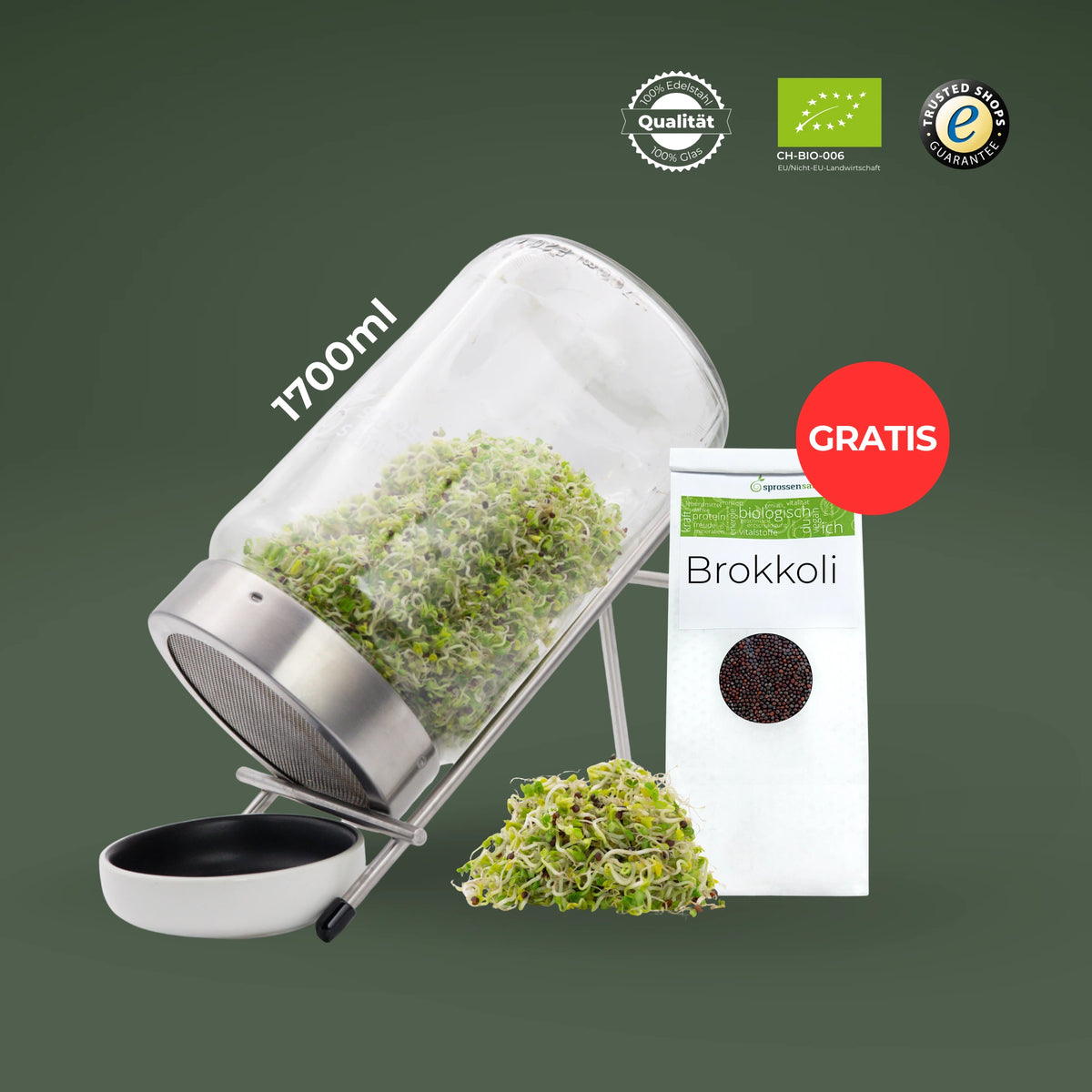 Keimglas 1700ml The Way We Grow™ aus Glas mit Ständer Biosprosser