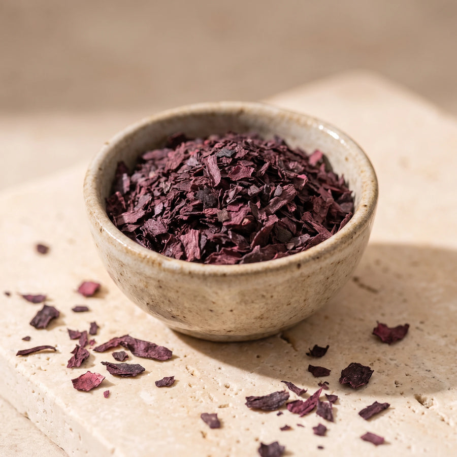 Bio Dulse Flocken in Makroaufnahme, rote Meeresalge aus der Bretagne