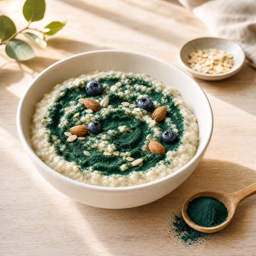 Spirulina Pulver im Porridge mit Mandeln, Kernen und Beeren