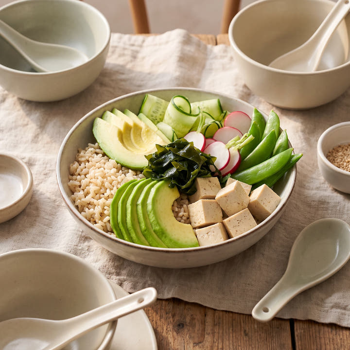 Wakame Algen als Topping in einer Bowl mit Reis, Gemüse und Tofu