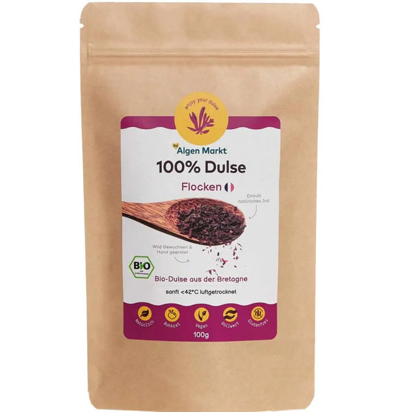 Dulse-Flocken aus der Bretagne, von Hand geerntet und in Bio-Rohkostqualität schonend getrocknet