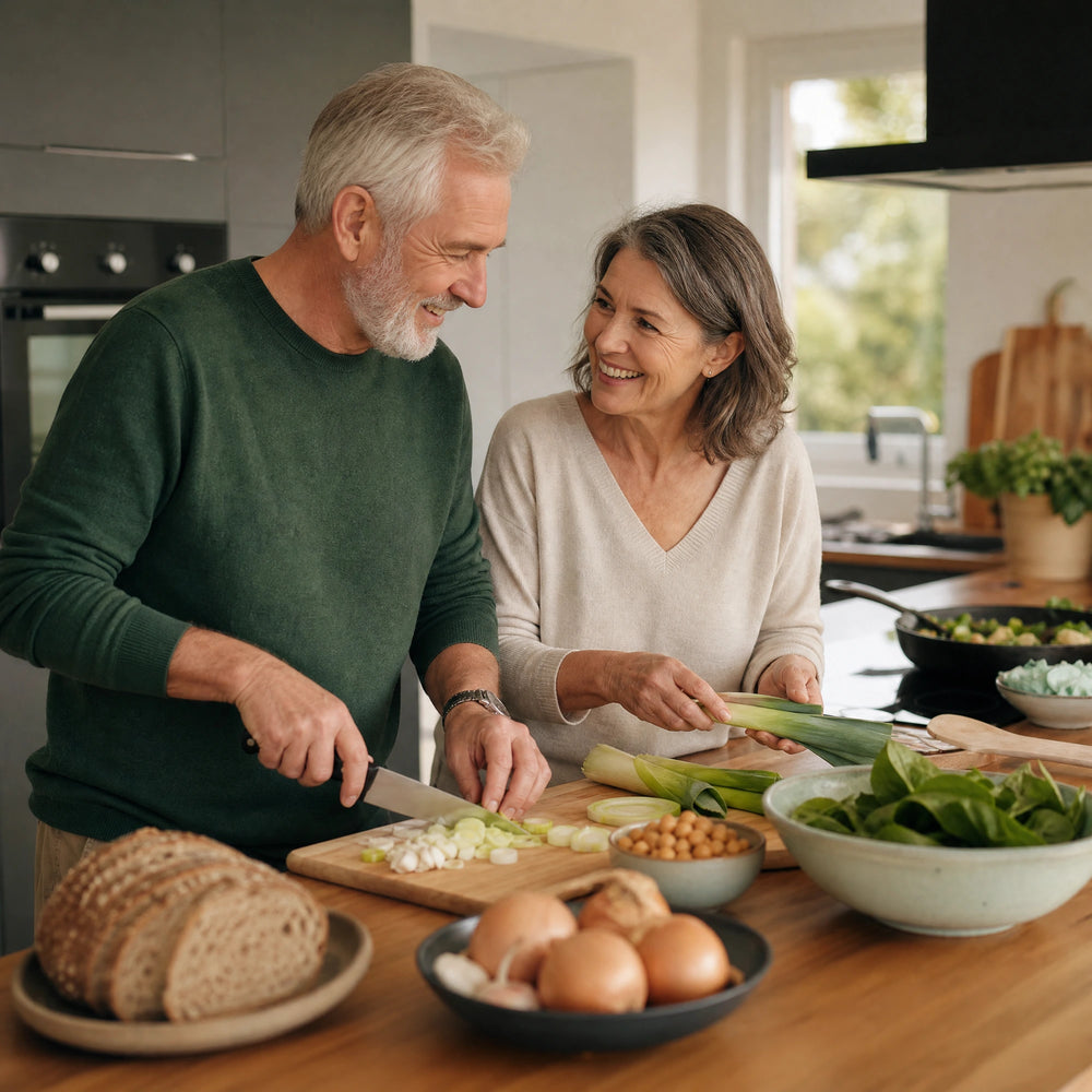 Paar 60+ bereitet gemeinsam eine pflanzliche Mahlzeit in einer hellen Küche zu.