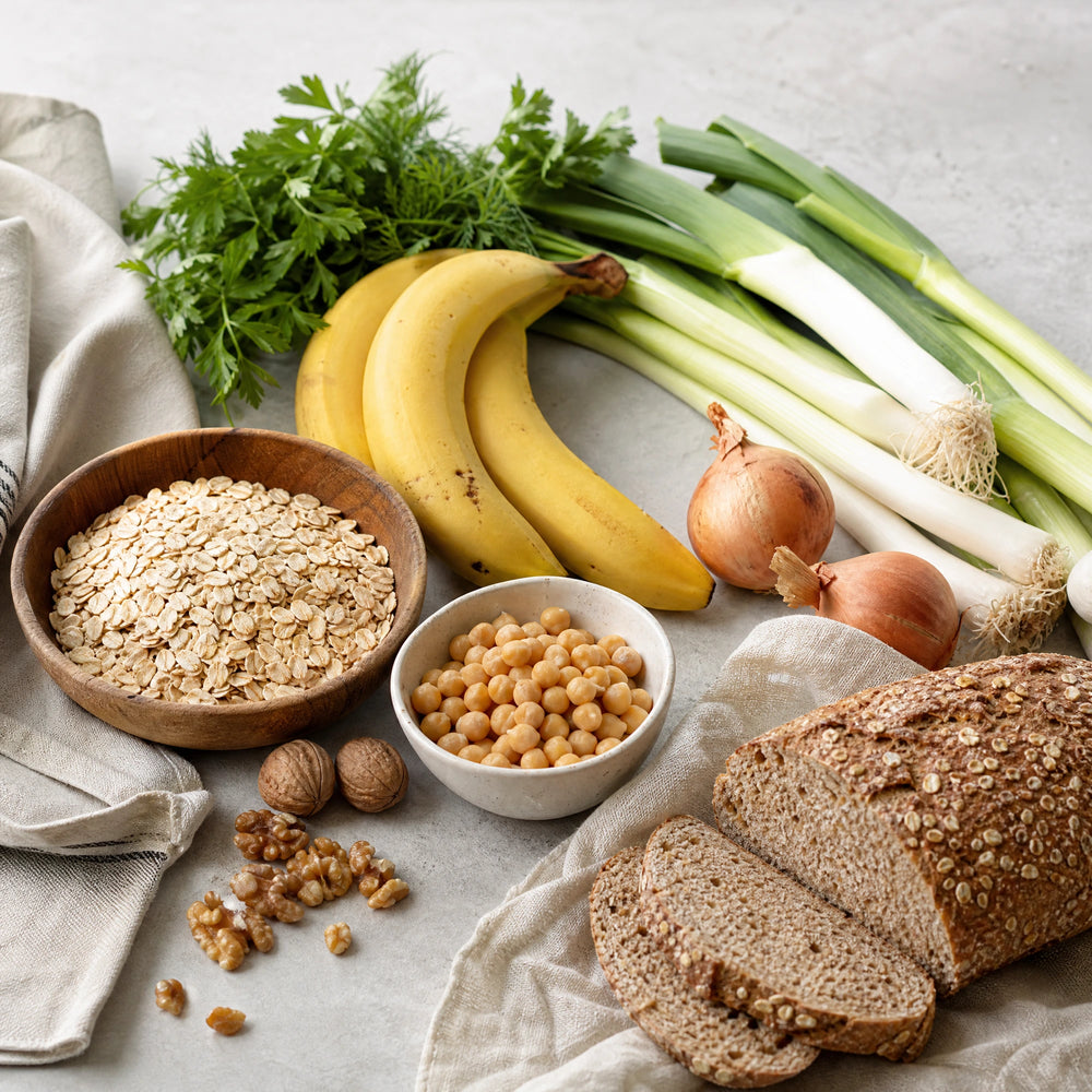 Natürliche Lebensmittelzutaten mit Hafer, Banane, Lauch, Zwiebeln, Hülsenfrüchten und Vollkornbrot.