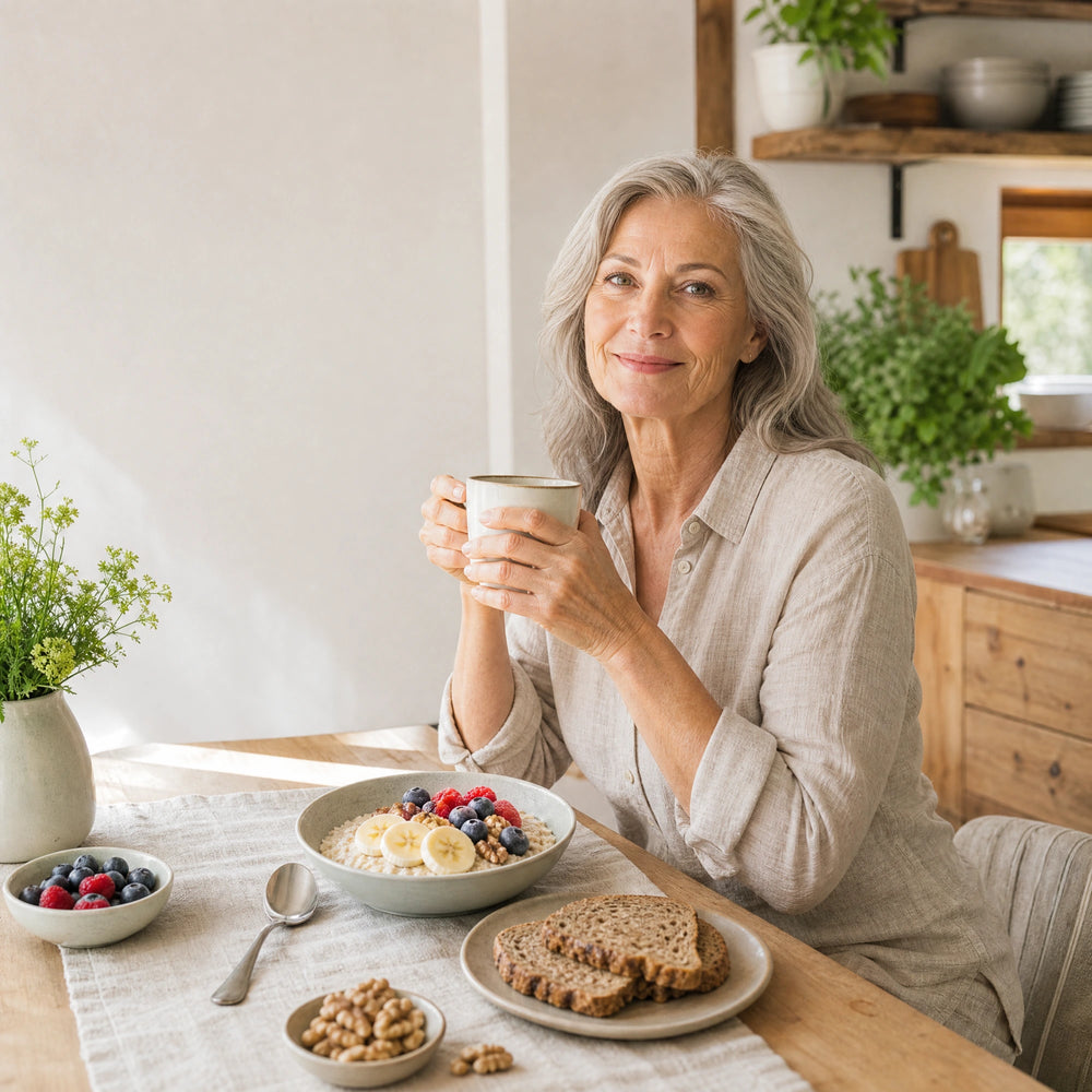 Freundliche Frau 60+ an einem Frühstückstisch mit Hafer, Banane, Beeren, Nüssen und Vollkornbrot.